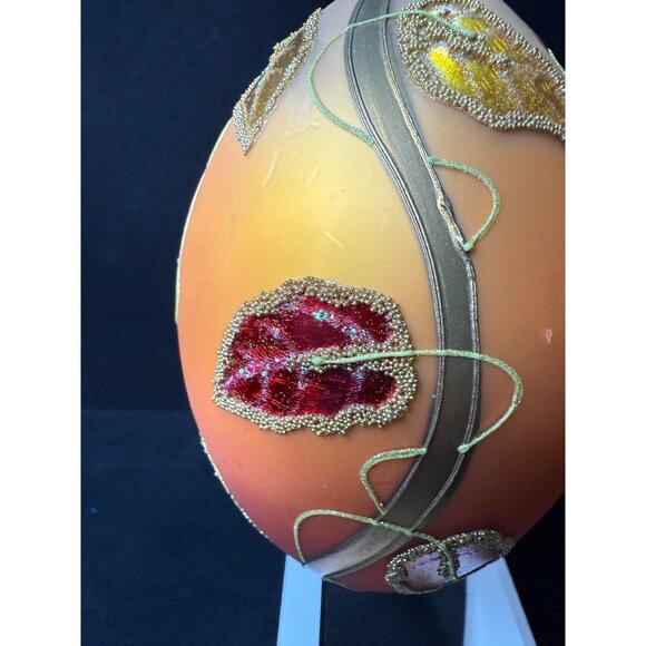 Hand-Painted Large 7" Glass Ornament With Beaded Leaf Design Autumn Colors - Picture 5 of 11